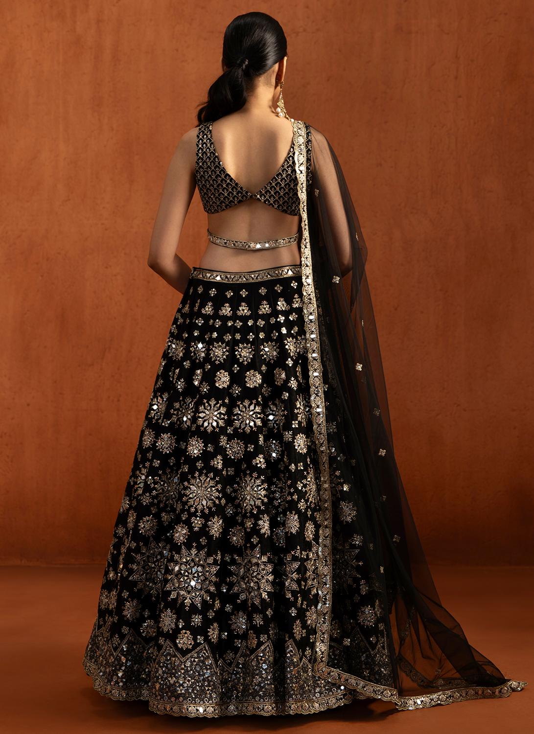 Black Embroidered Velvet Satin Lehenga