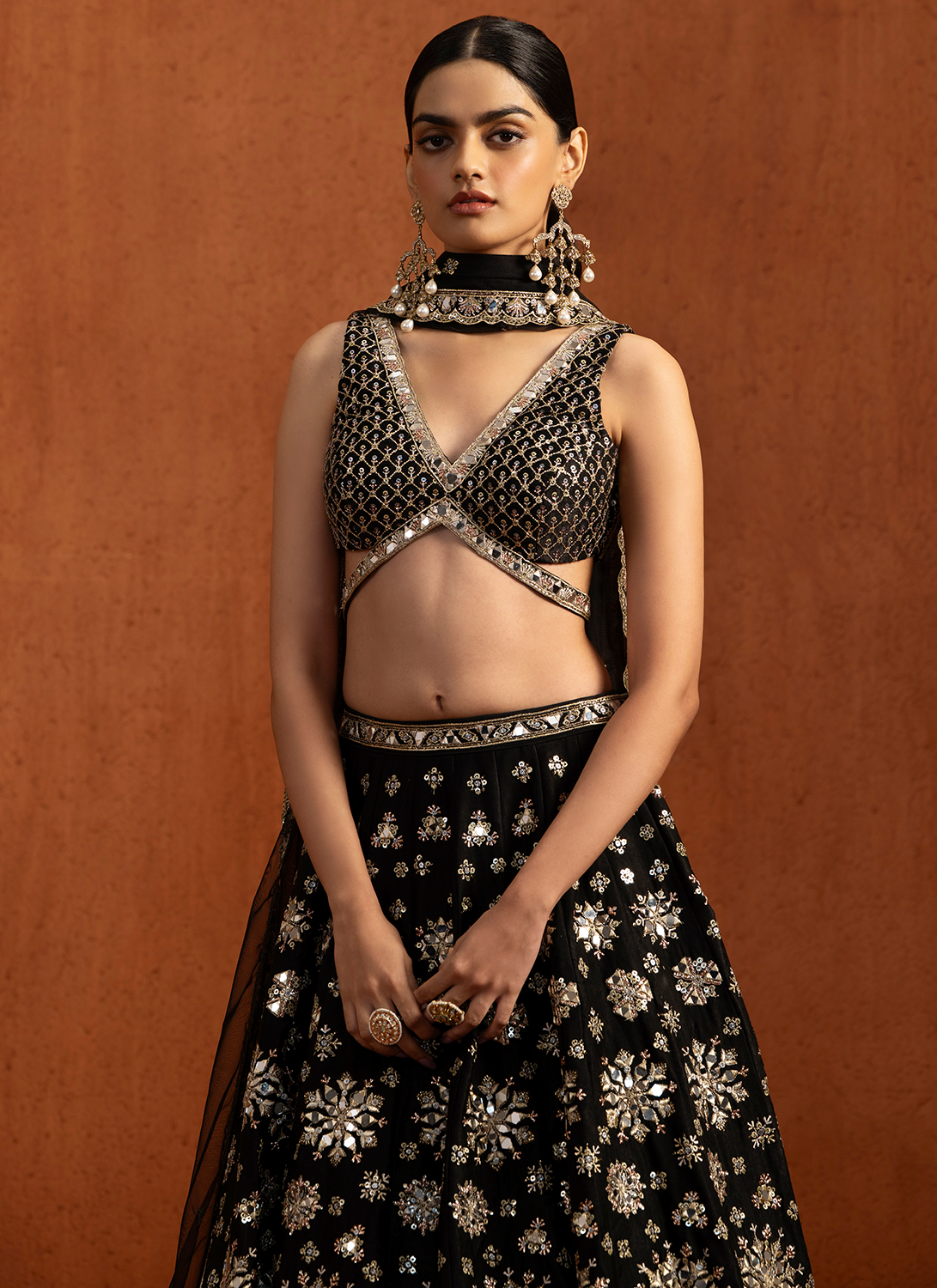 Black Embroidered Velvet Satin Lehenga