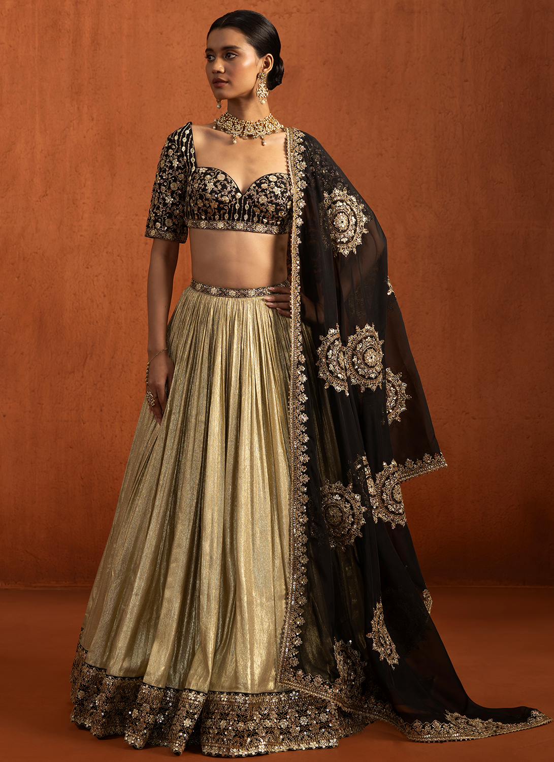 Black and Gold Embroidered Lampi Lehenga