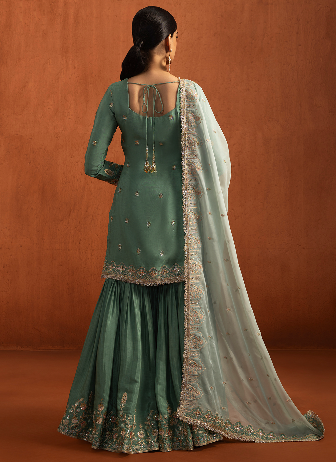 Sea Green Embroidered Viscose Silk Gharara Suit