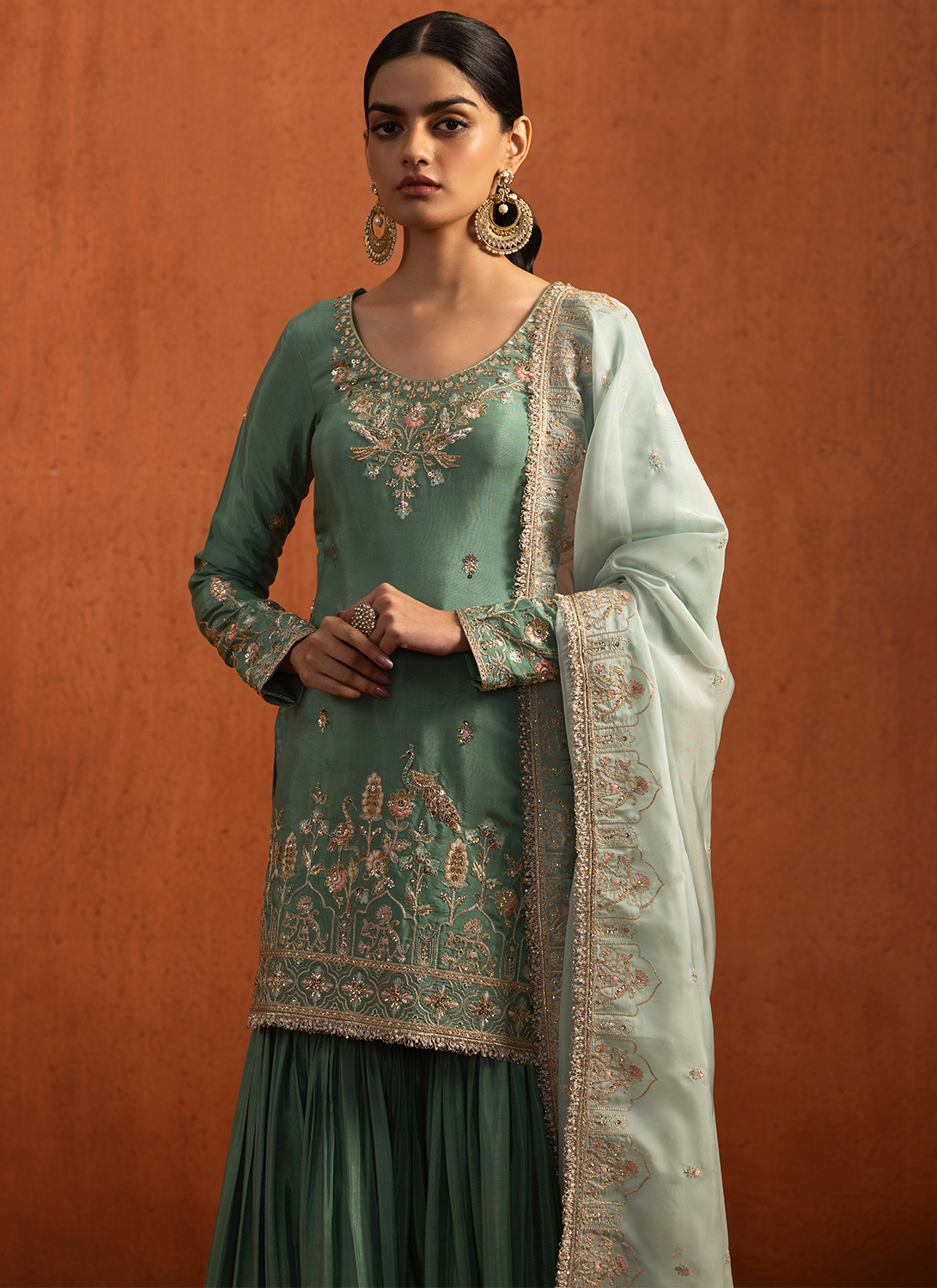 Sea Green Embroidered Viscose Silk Gharara Suit