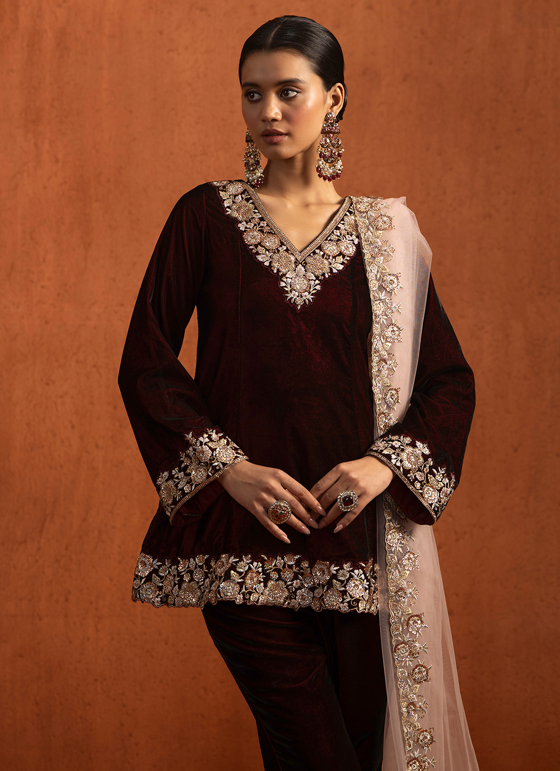 Maroon Embroidered Velvet Pant Suit