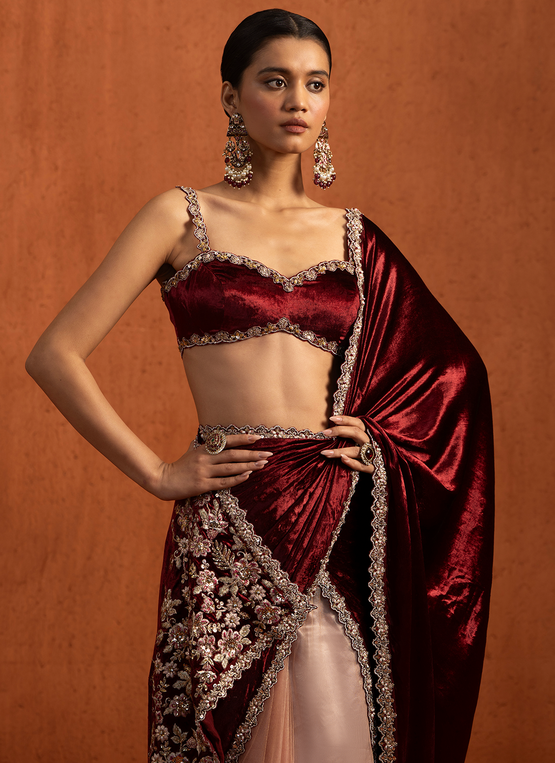 Red Multicolor Embroidered Viscose Velvet Saree