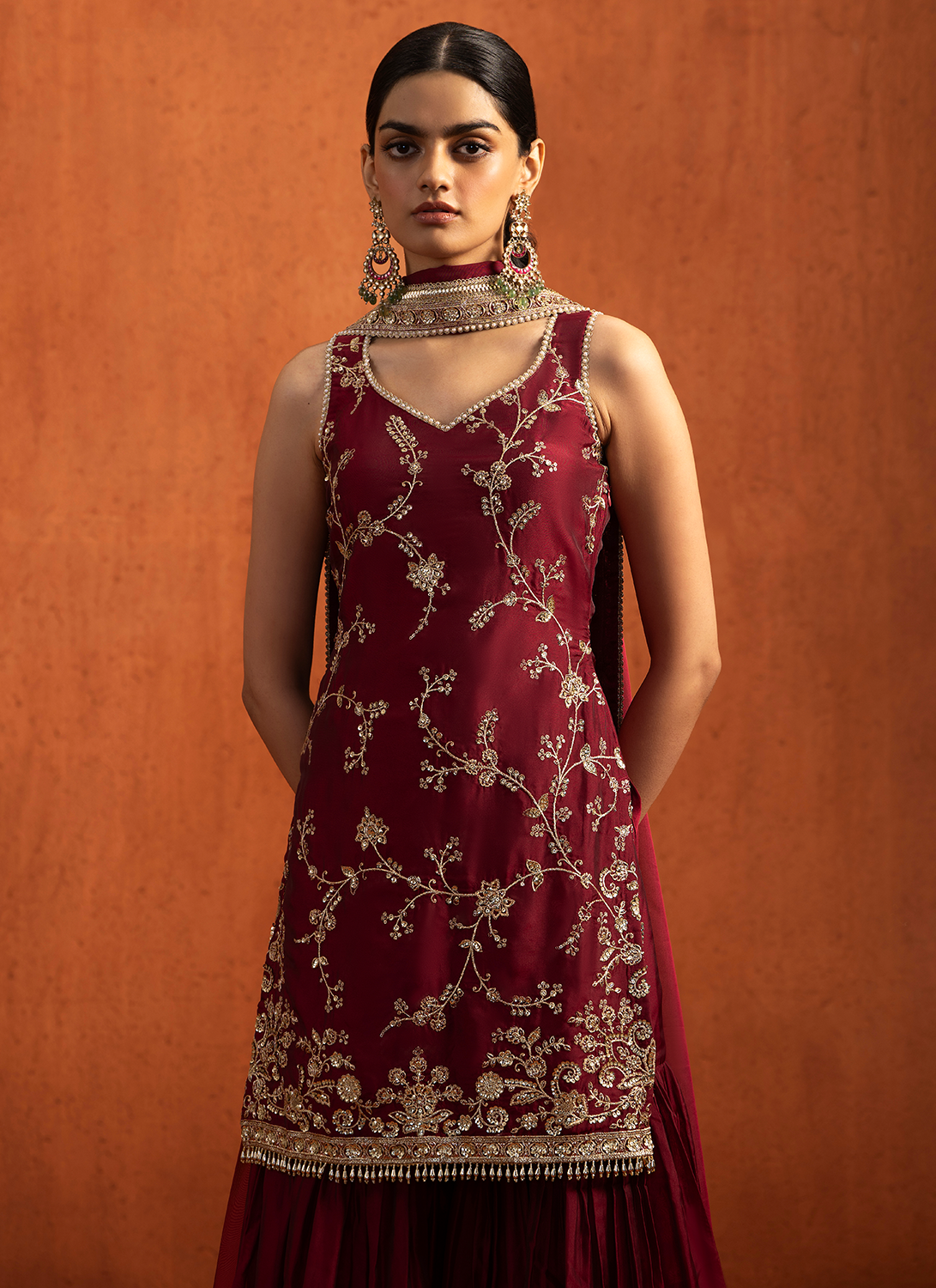 Red Embroidered Silk Gharara Suit