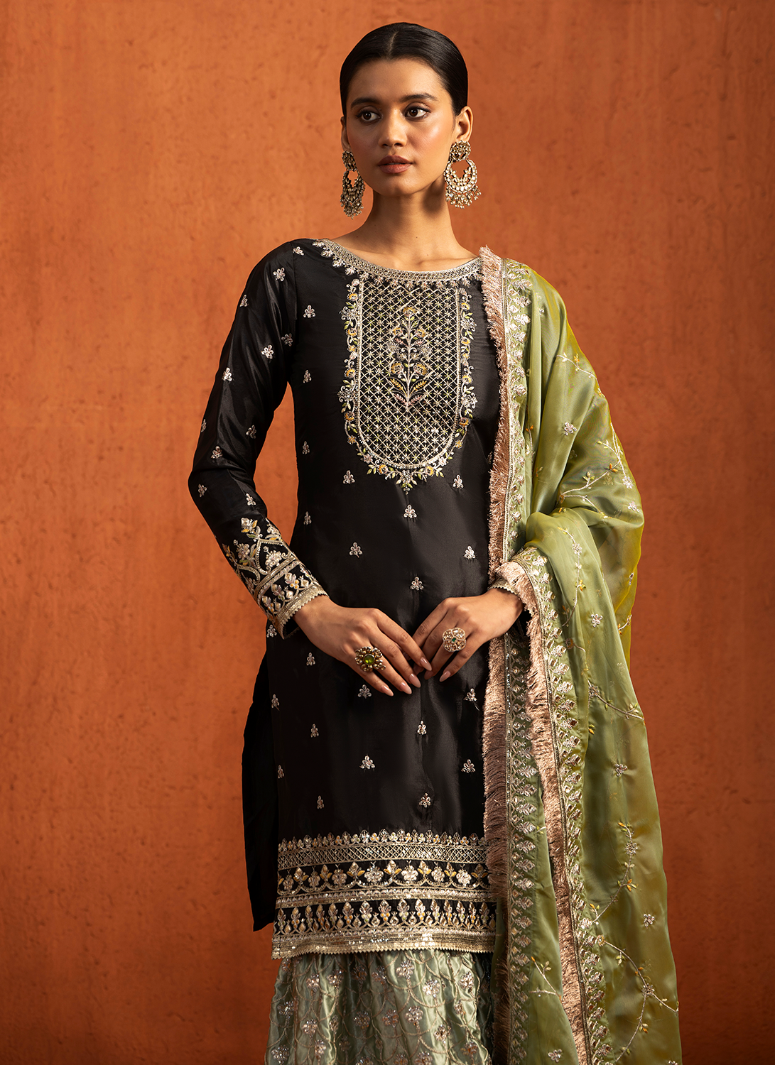 Black and Green Embroidered Silk Sharara Suit