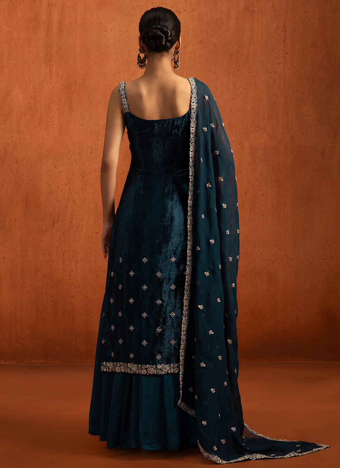Blue Embroidered Viscose Velvet Sharara Suit