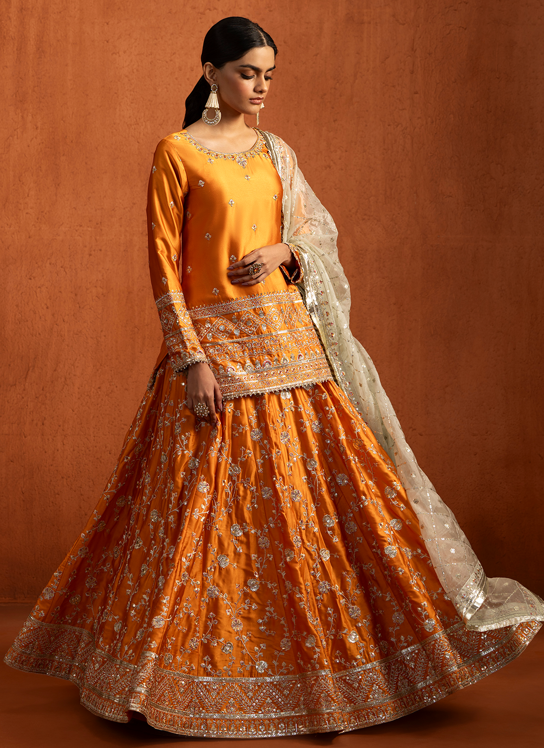 Orange Embroidered Silk Kurti Style Lehenga