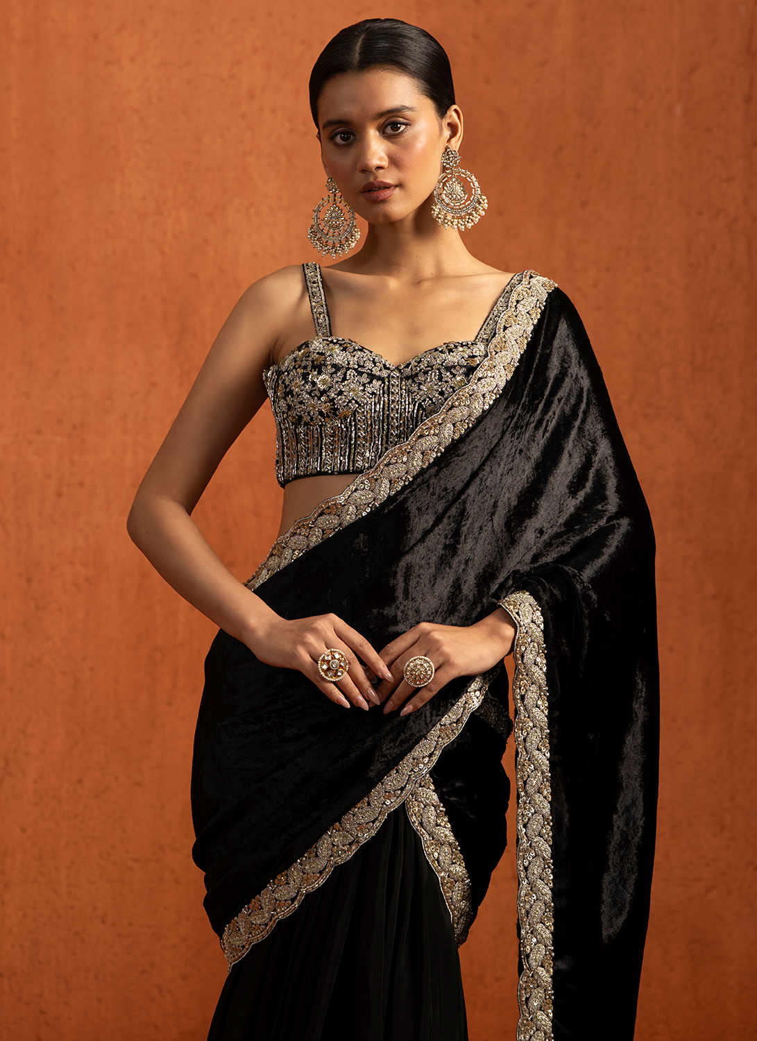 Black Embroidered Viscose Velvet Saree