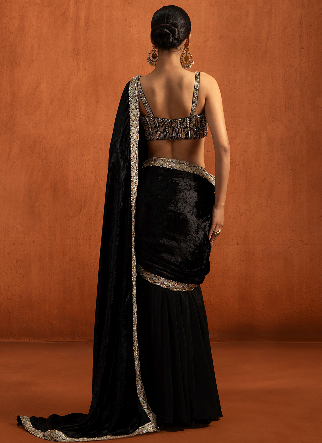 Black Embroidered Viscose Velvet Saree