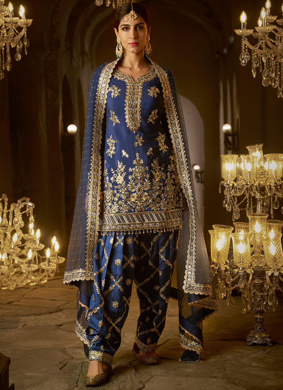 Embroidered Georgette Punjabi Suit in Navy Blue : KCH9677