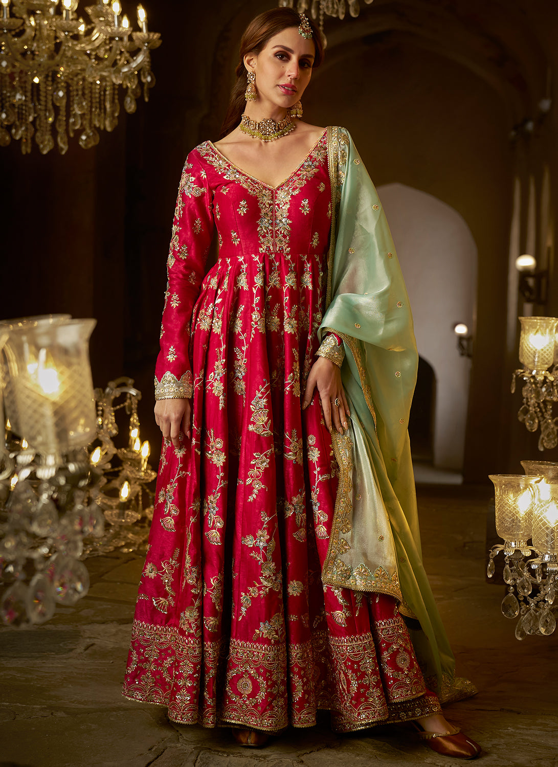 Buy Red Embroidered Silk Blend Gown With Dupatta- Set of 2 | 2084Red/SAHI2  | The loom
