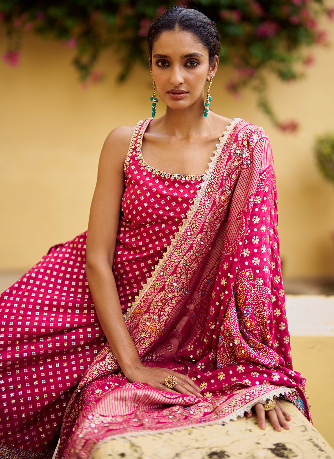 Hot Pink Embroidered Viscose Silk Straight Suit