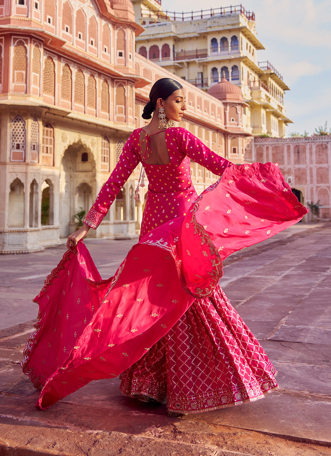 Pink Embroidered Pure Bandhani Gharara