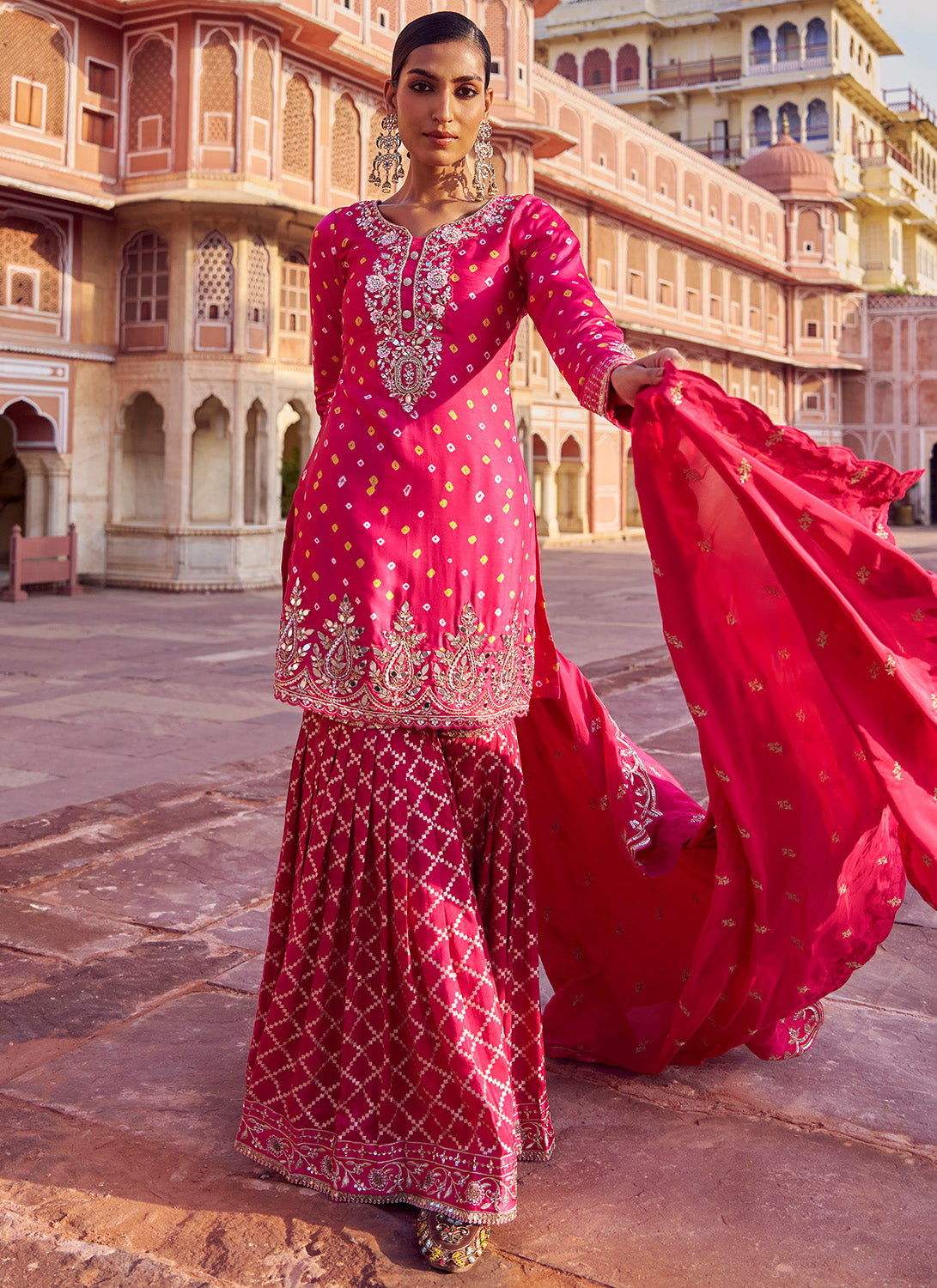 Pink Embroidered Pure Bandhani Gharara
