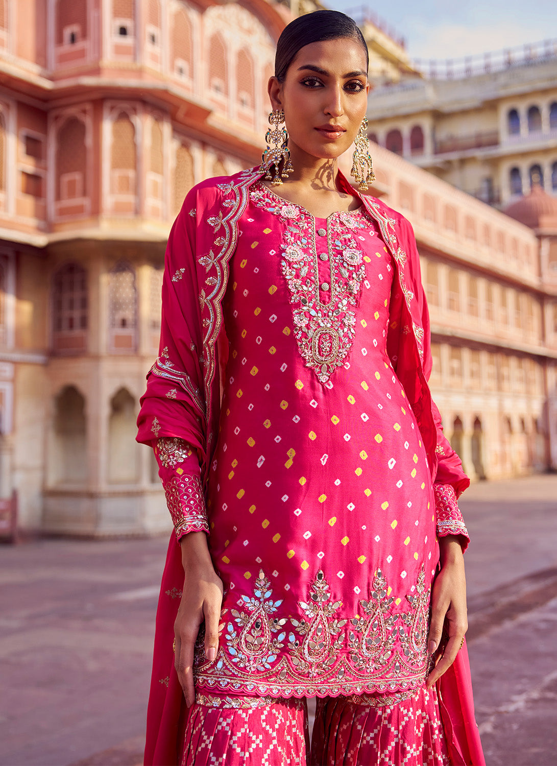 Pink Embroidered Pure Bandhani Gharara