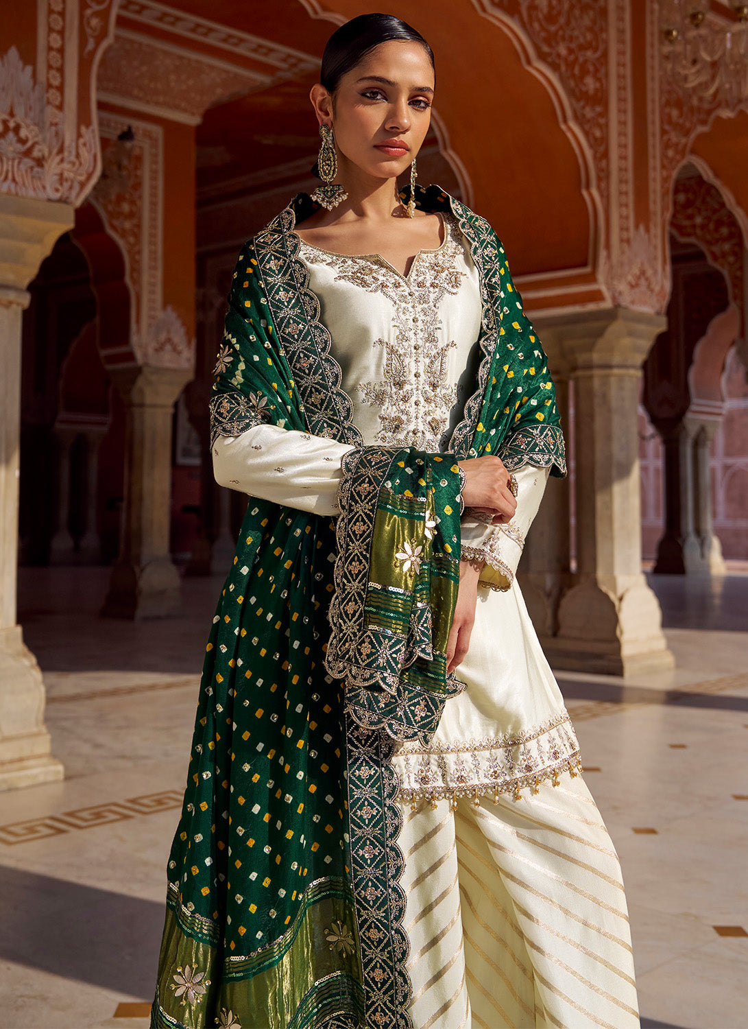 Ivory and Green Embroidered Pure Bandhani Sharara