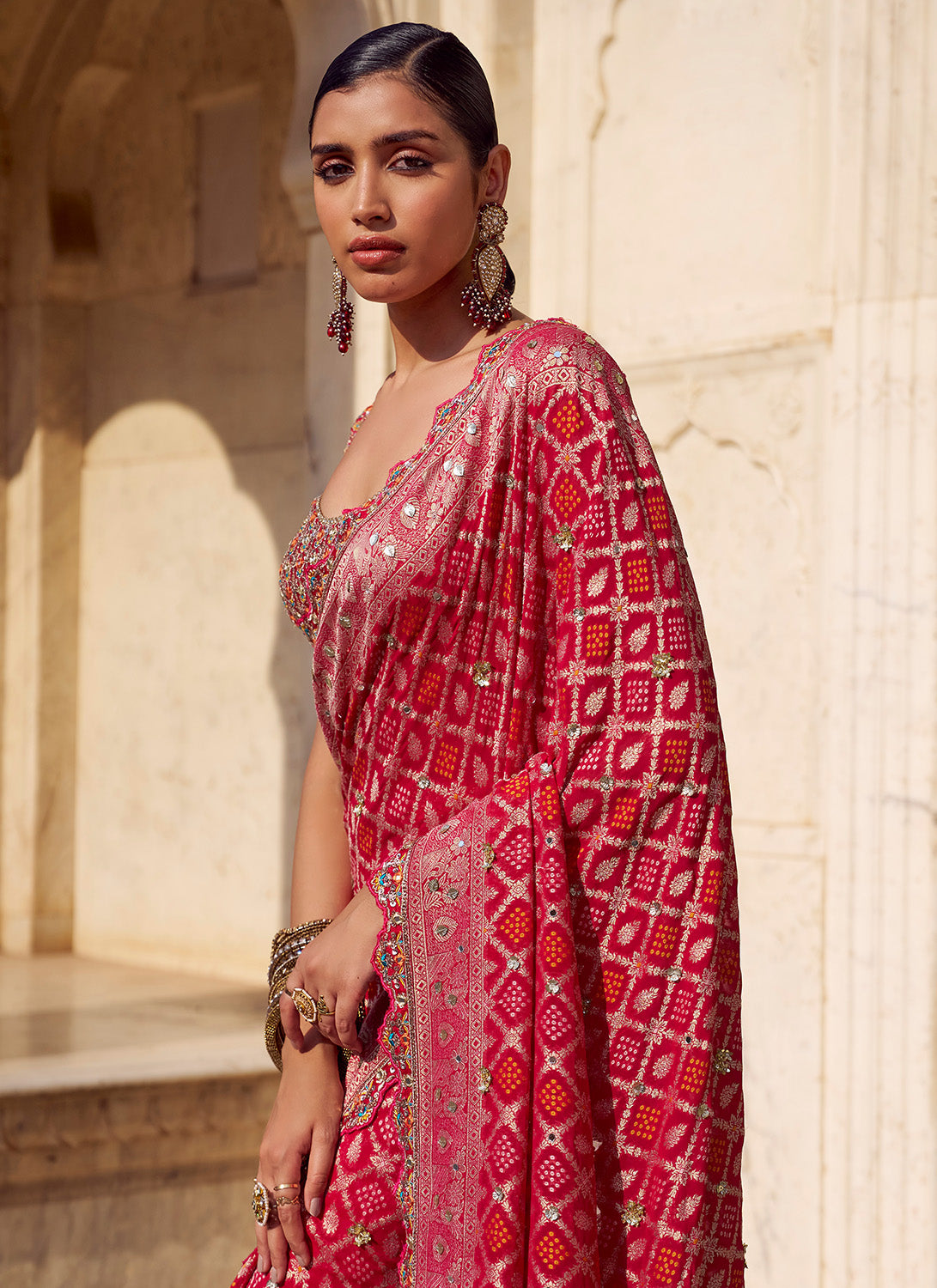 Pink Bandhani Printed Viscose Chiffon Saree