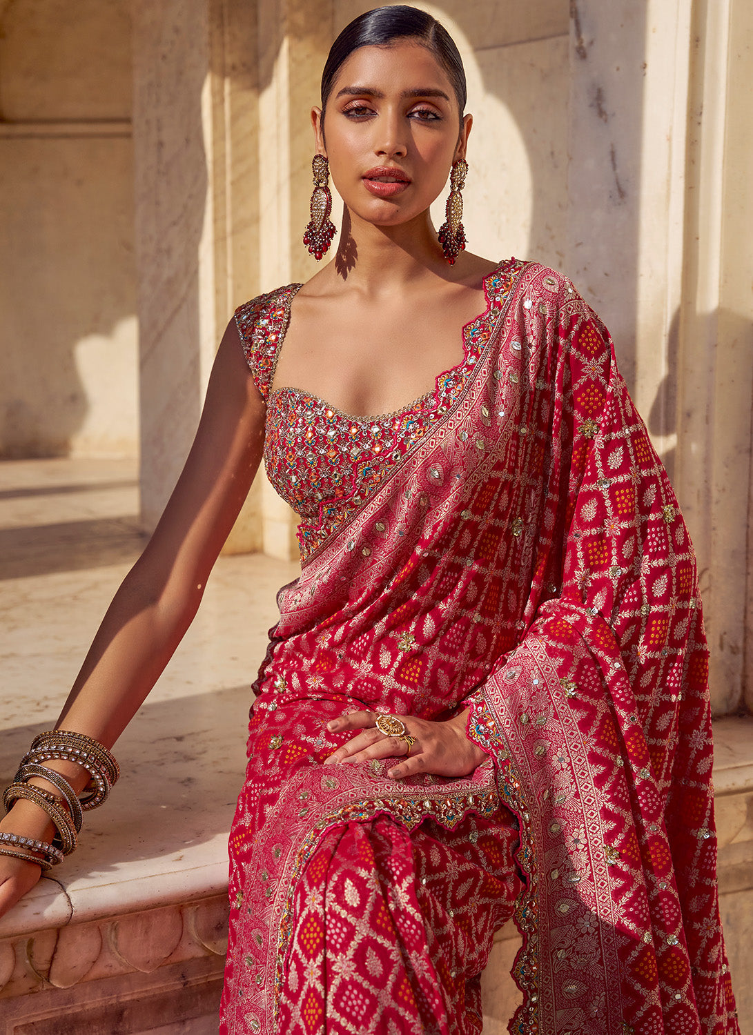 Pink Bandhani Printed Viscose Chiffon Saree