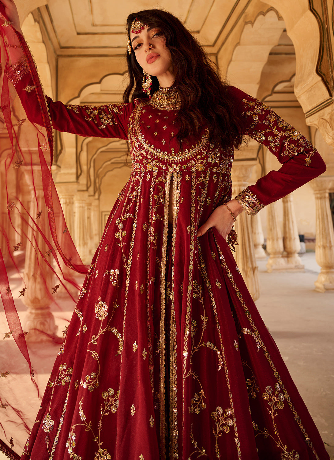 Maroon Embroidered Georgette Anarkali Stye Lehenga