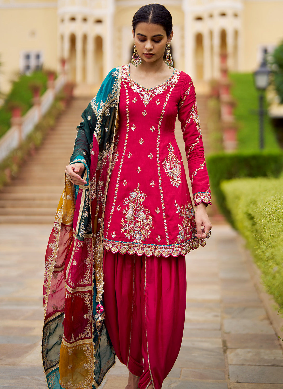 Pink Embroidered Viscose Silk Punjabi Suit