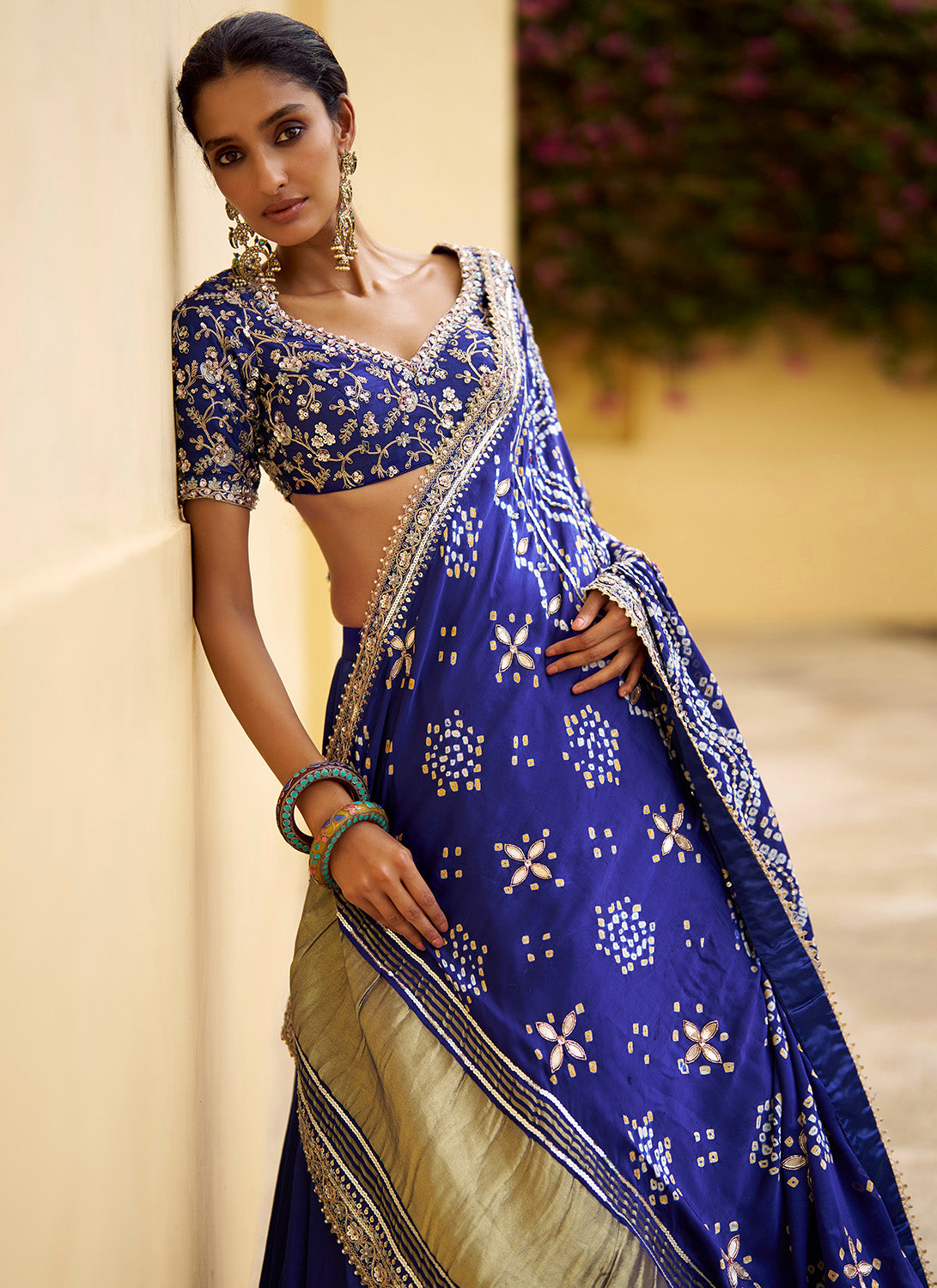 Royal Blue Embroidered Pure Bandhani Lehenga
