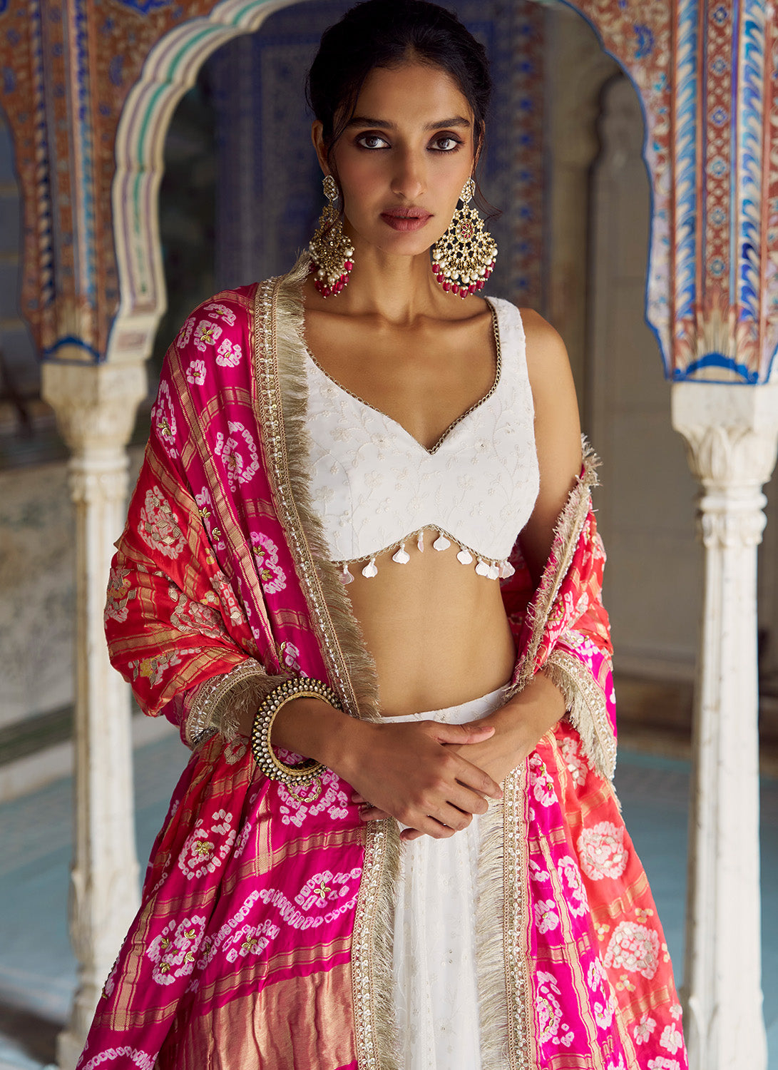 White Embroidered Lucknowi Lehenga With Pure Bandhani Dupatta