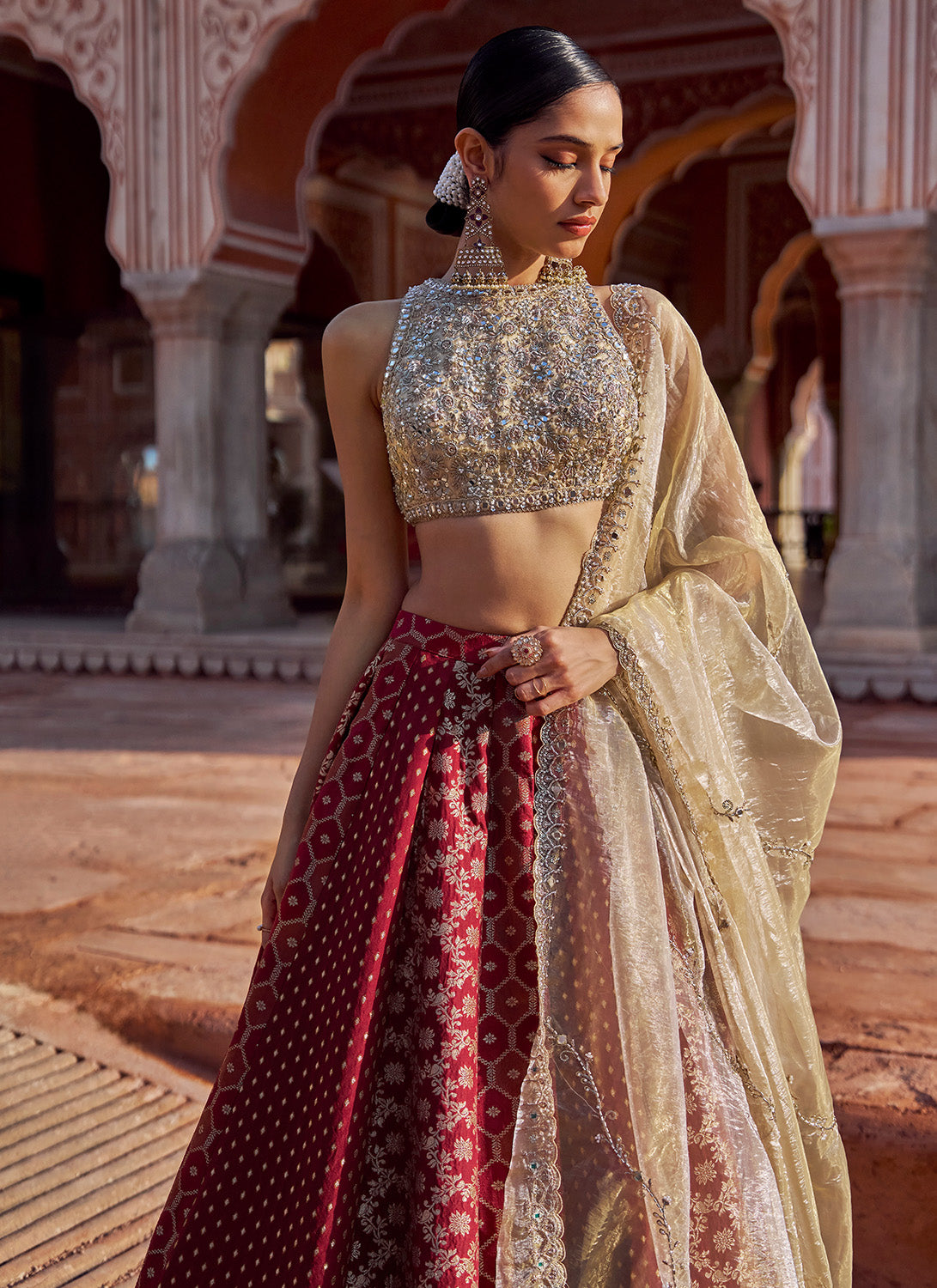 Maroon and Gold Embroidered Tissue Lehenga