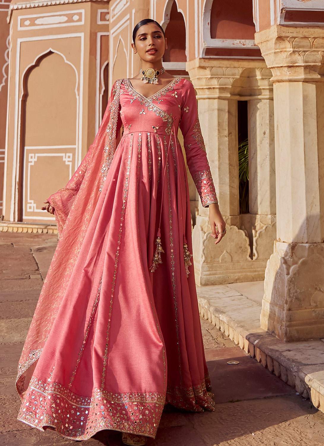 Coral Embroidered Silk Anarkali