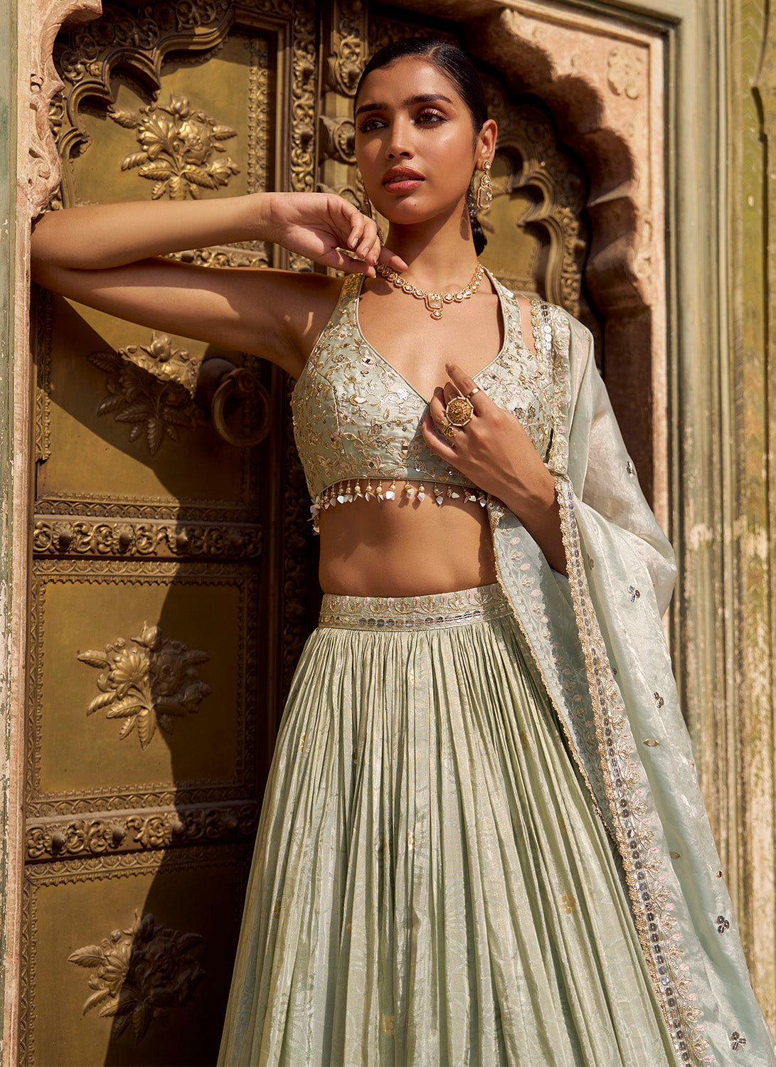 Light Dusty Green Embroidered Lehenga