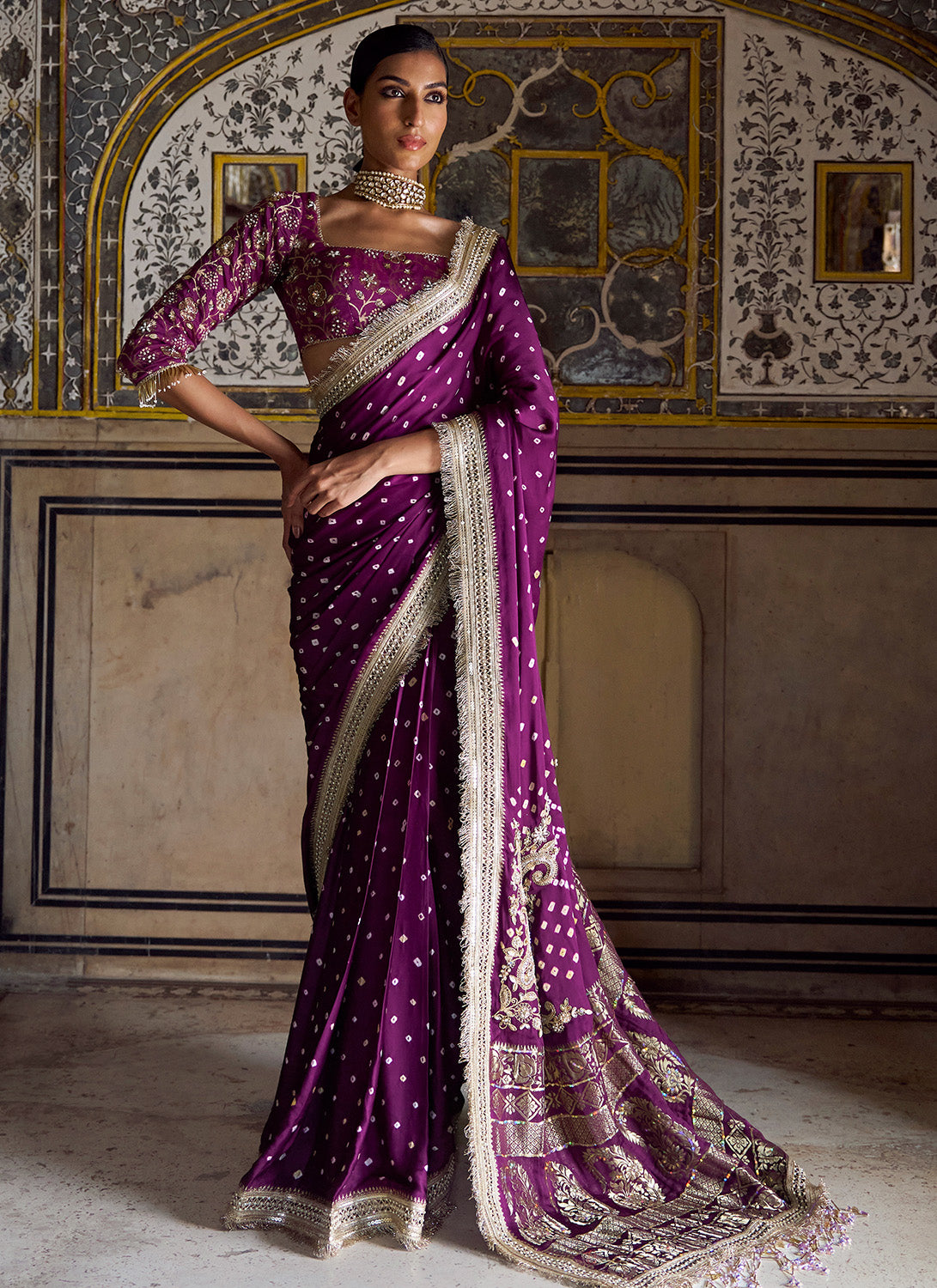 Purple Embroidered Pure Bandhani Saree