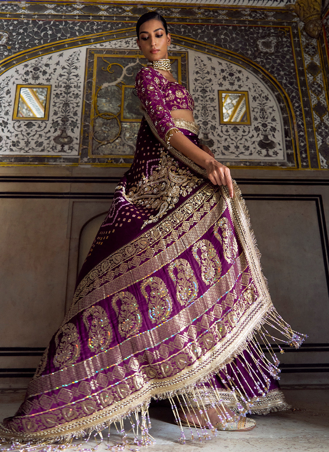 Purple Embroidered Pure Bandhani Saree