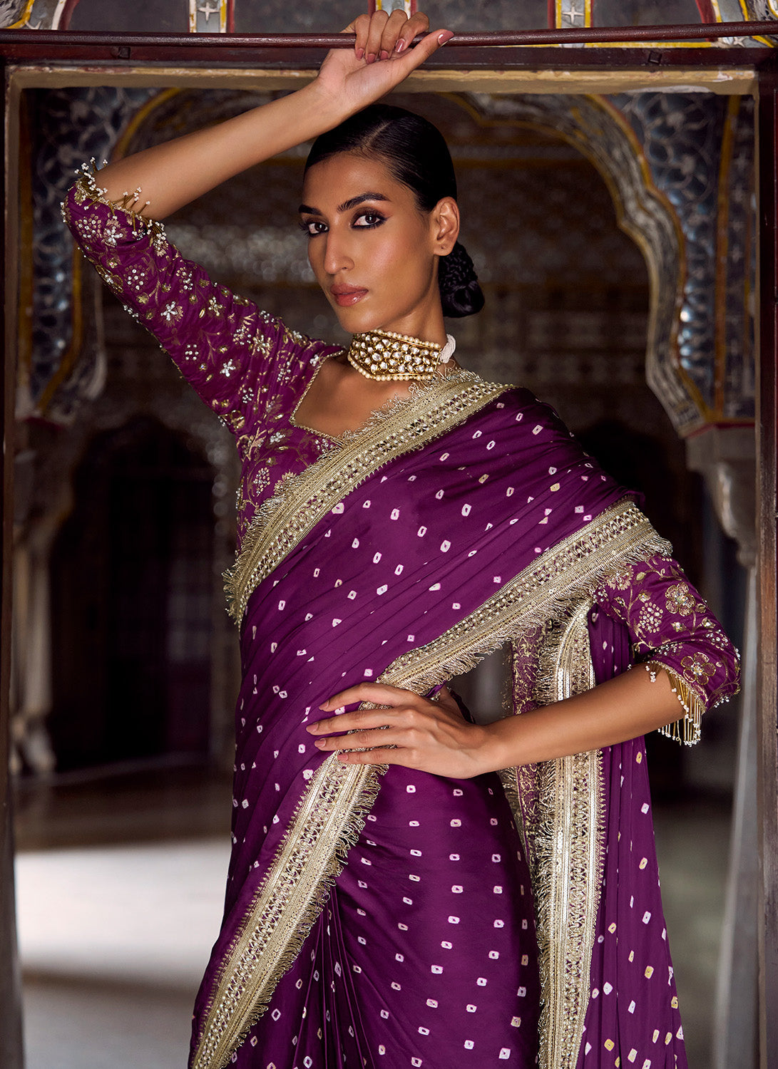 Purple Embroidered Pure Bandhani Saree