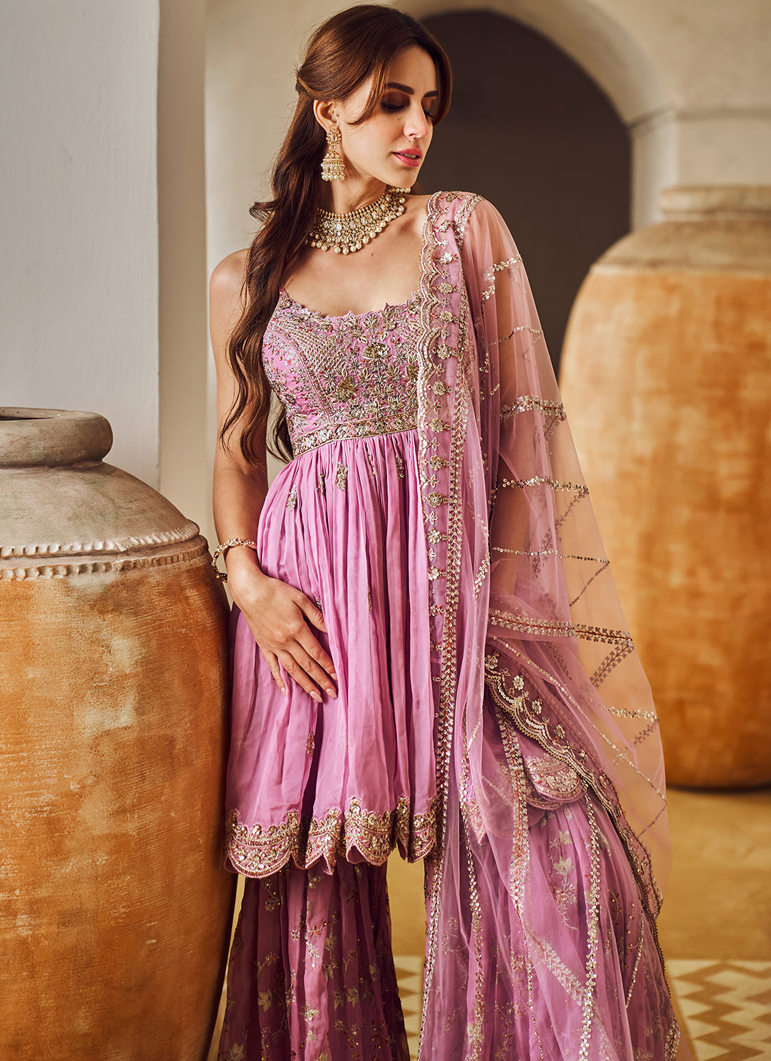 Lilac Rose Embroidered Gharara Suit