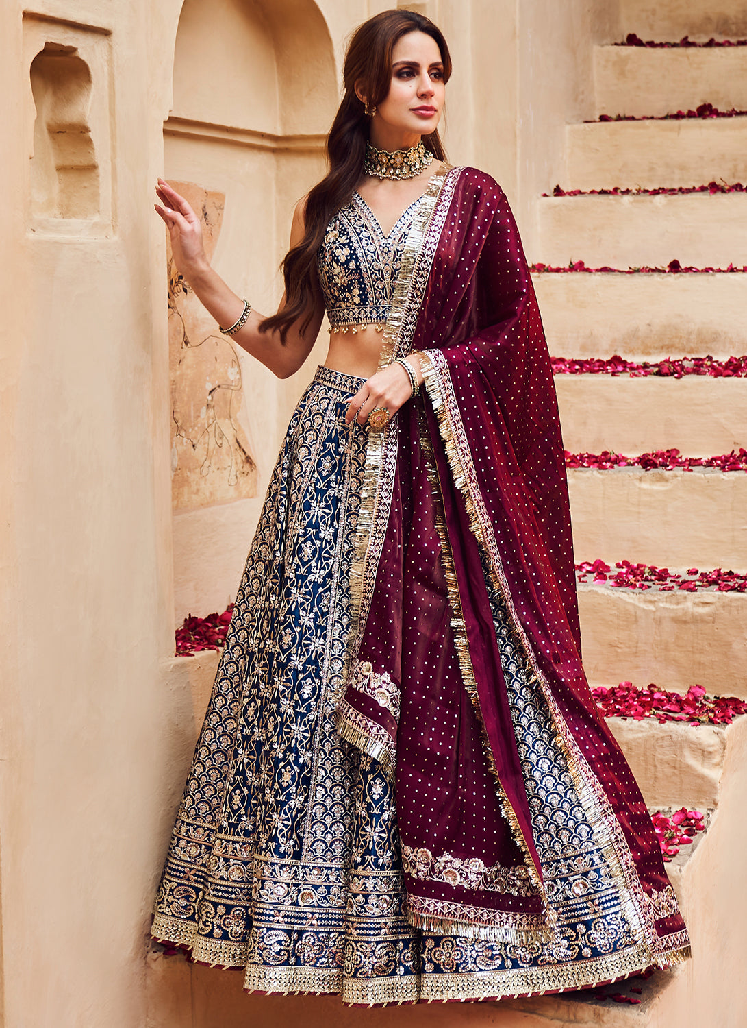 Blue and Maroon Embroidered Lehenga