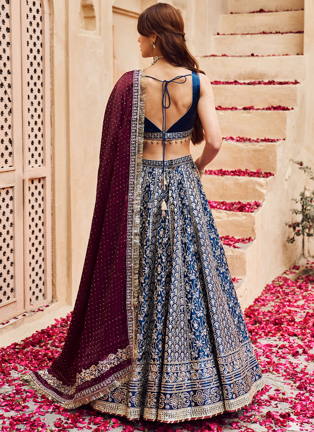 Blue and Maroon Embroidered Lehenga