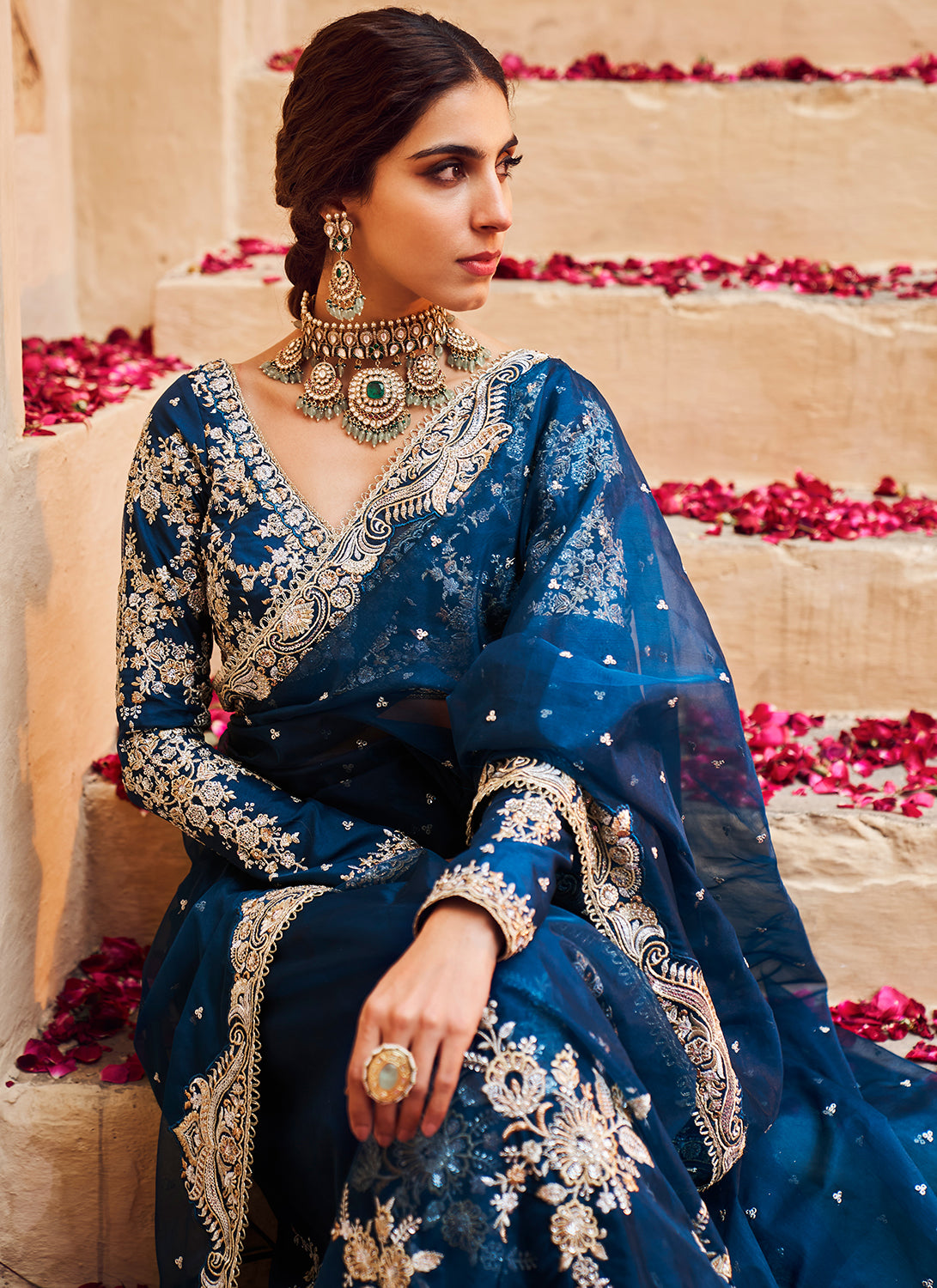 Teal Blue Embroidered Saree – Lashkaraa