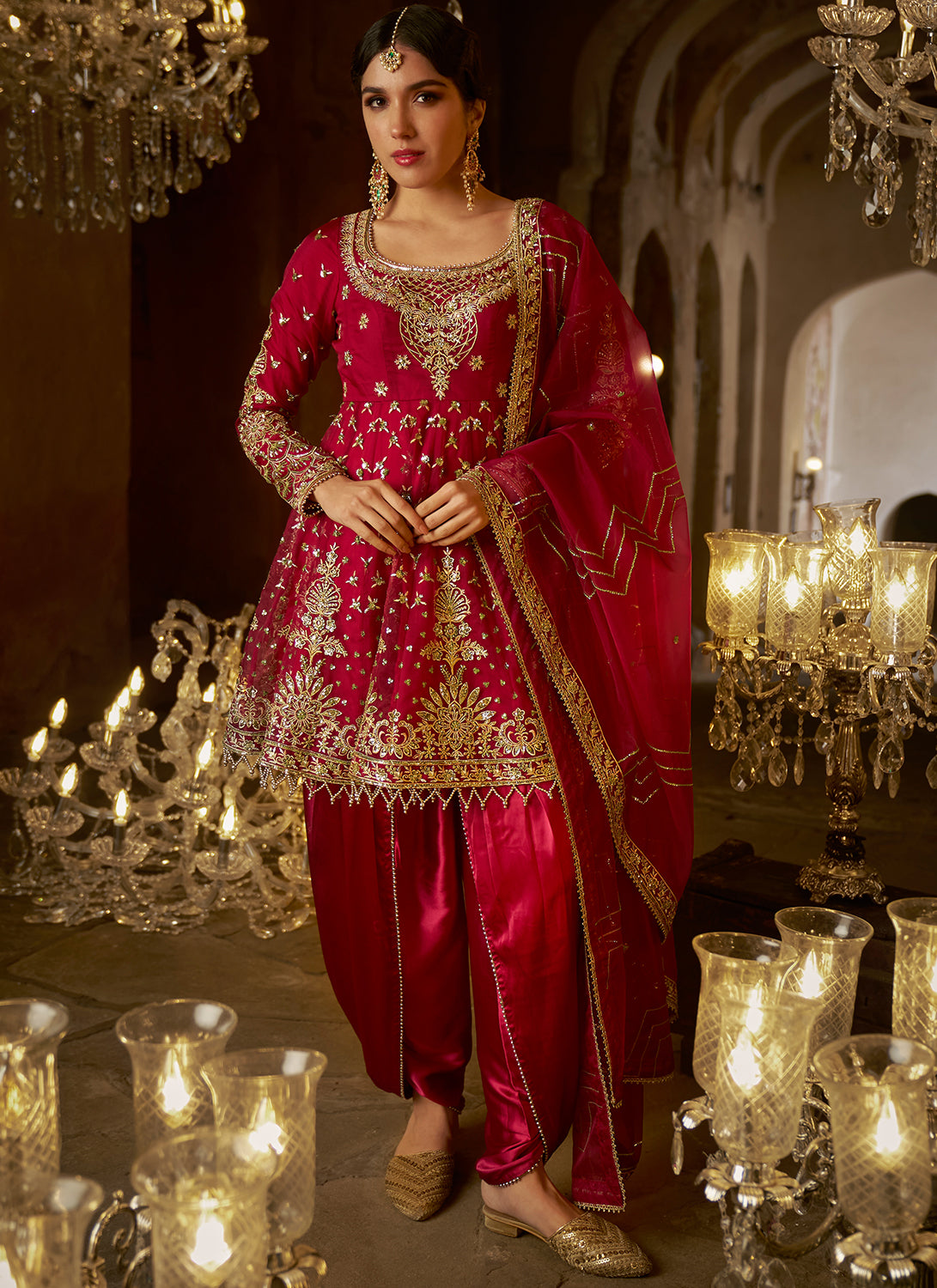 Wine Embroidered Peplum Style Punjabi Suit