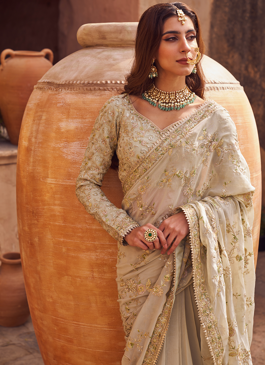 Dusty Green Embroidered Saree