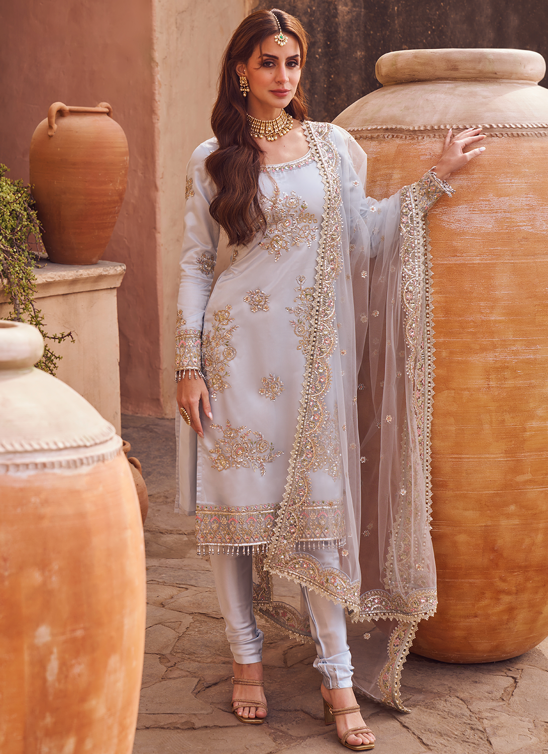 Light Dusty Bluish Grey Embroidered Straight Suit