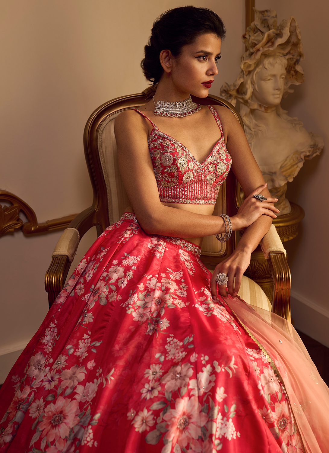 Red Floral Printed Lehenga