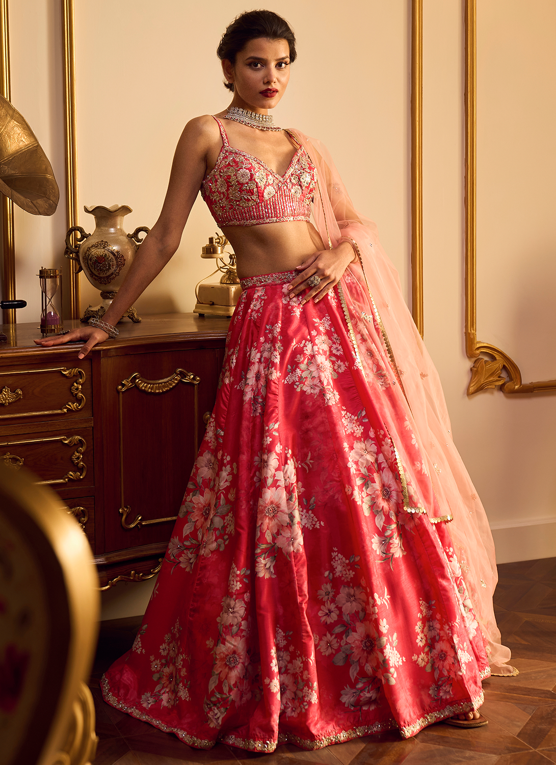 Red Floral Printed Lehenga