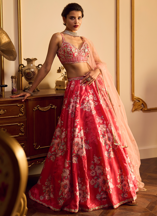 Red Floral Printed Lehenga