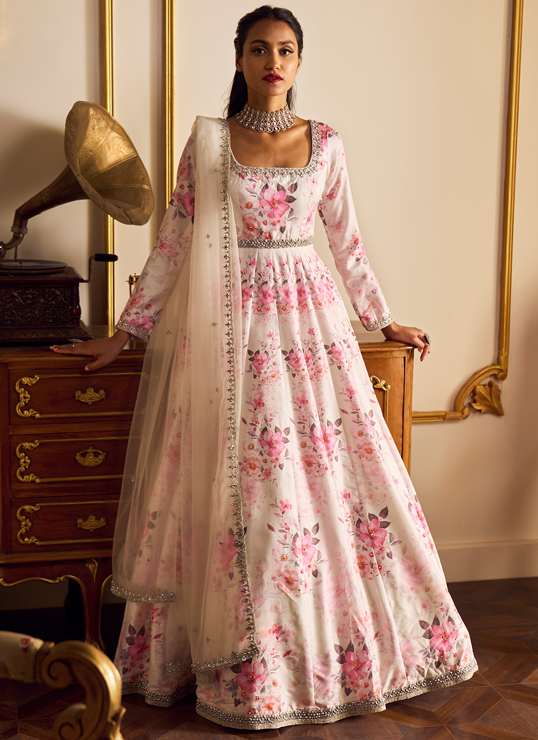 Off White Floral Printed Anarkali