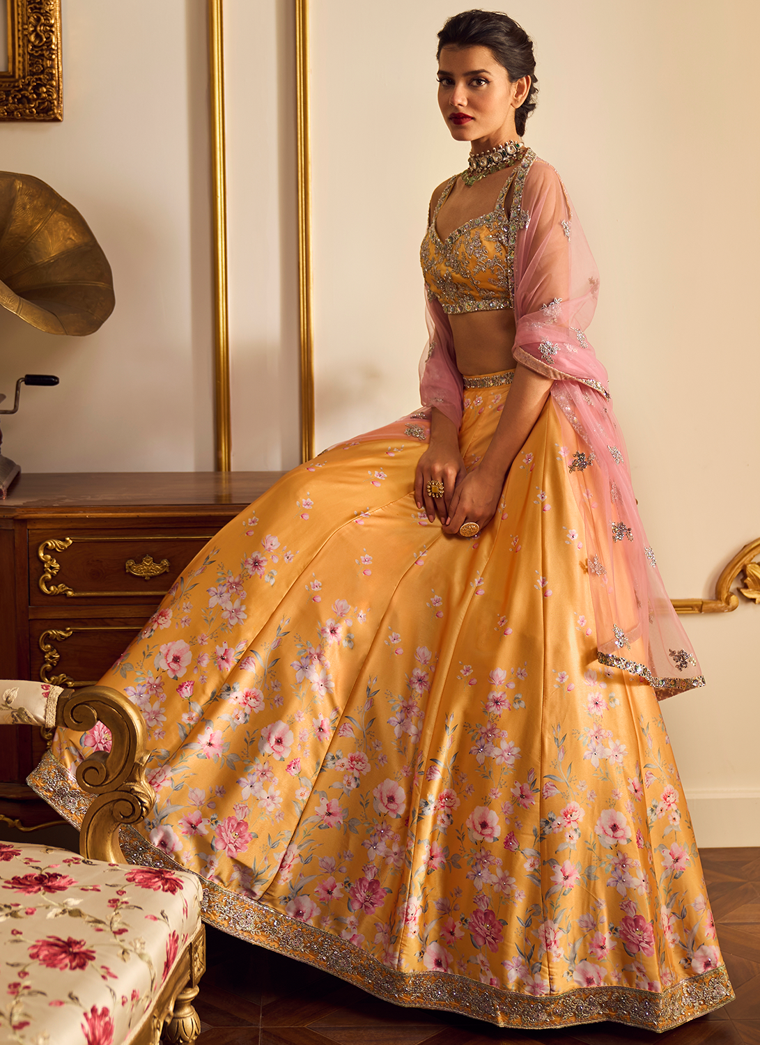 Yellow and Pink Floral Printed Lehenga