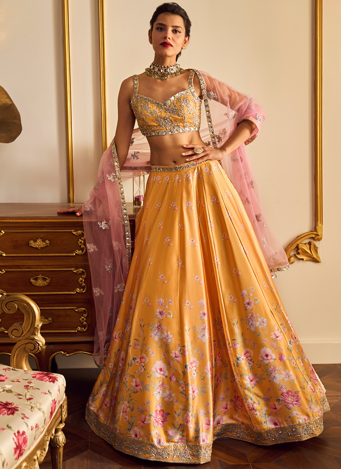 Yellow and Pink Floral Printed Lehenga