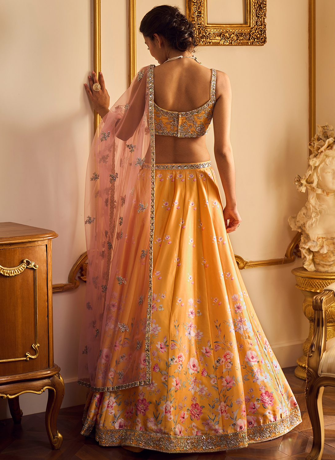 Yellow and Pink Floral Printed Lehenga