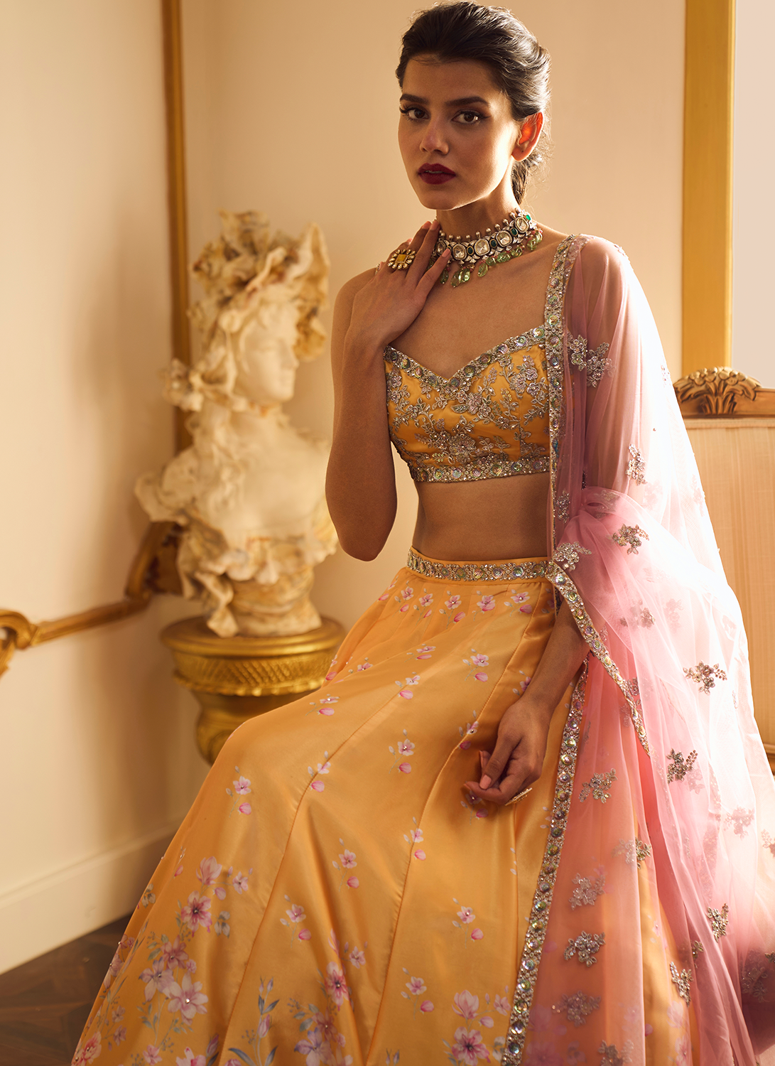 Yellow and Pink Floral Printed Lehenga