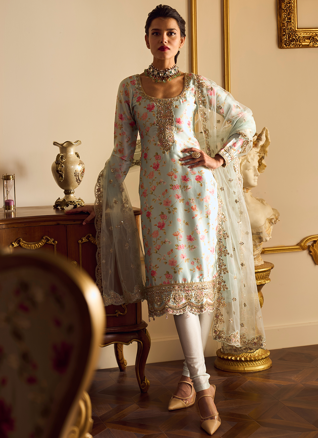 Light Mint Floral Printed Straight Suit