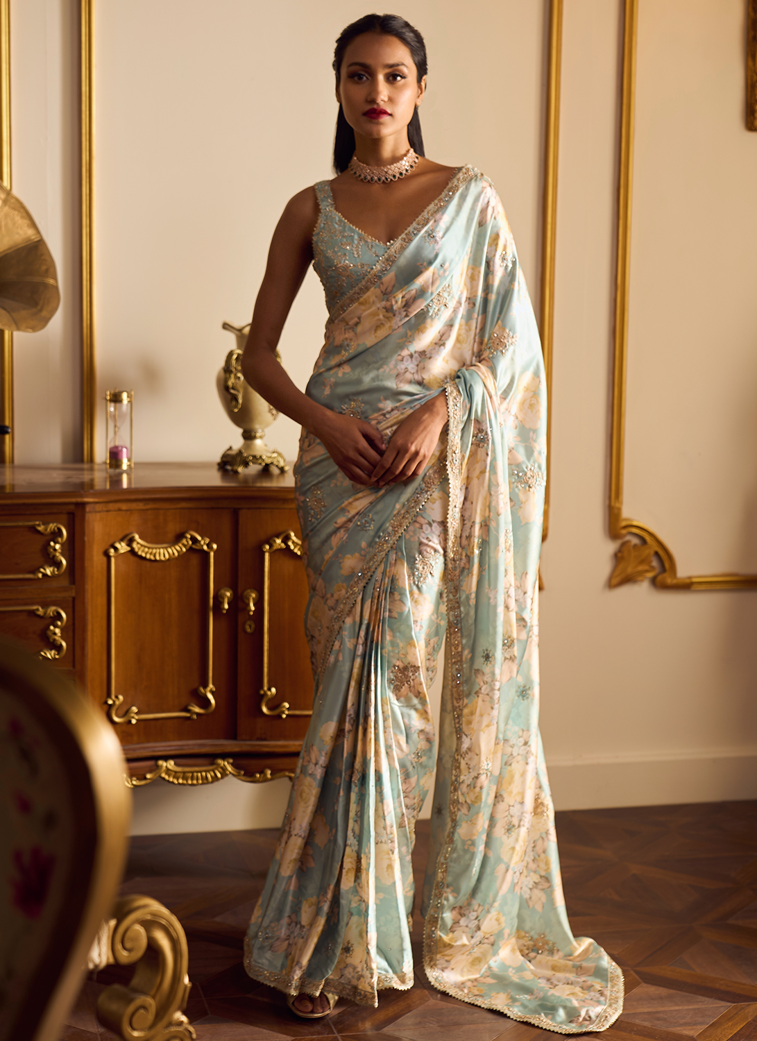 Dusty Mint Floral Printed Saree