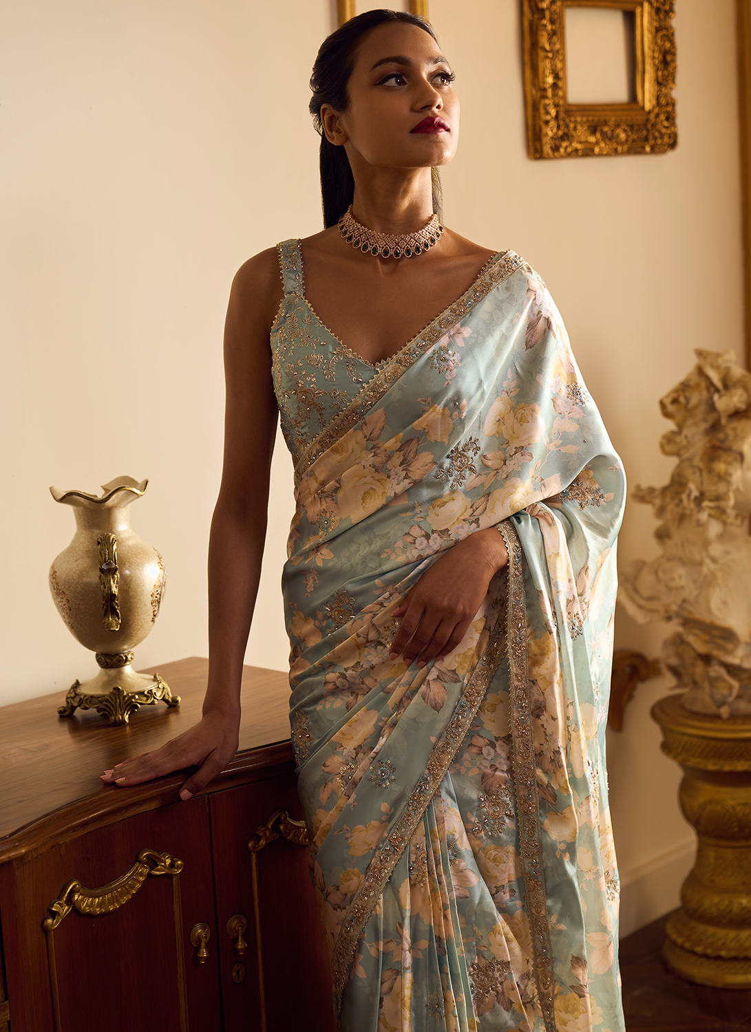 Dusty Mint Floral Printed Saree